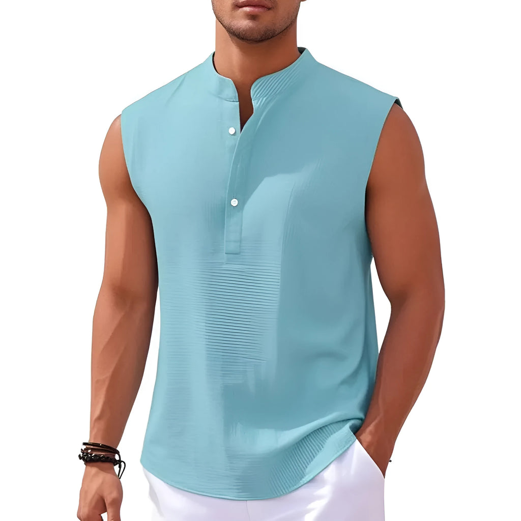 Men's stand collar sleeveless vest in striped jacquard weave, shown in front view, available in 9 colours
