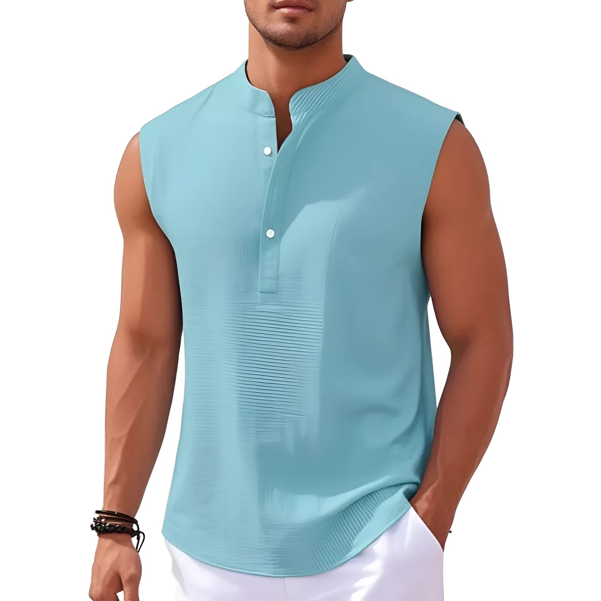 Men's stand collar sleeveless vest in striped jacquard weave, shown in front view, available in 9 colours