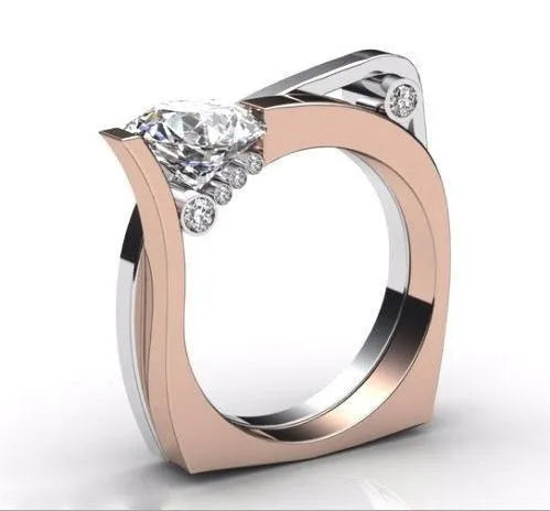 Rose gold electroplated geometric couple ring with zircon inlay shown in women's sizes 6-10