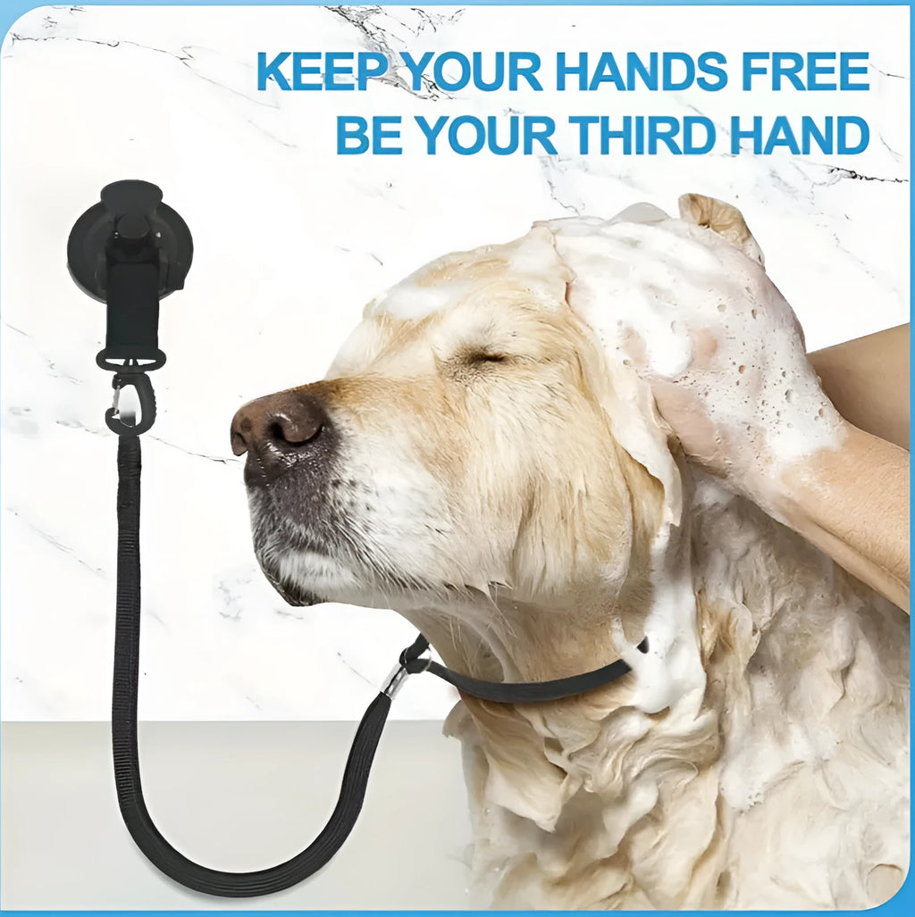 Set of four pet bathing suction cup handcuffs in black colour with traction ropes