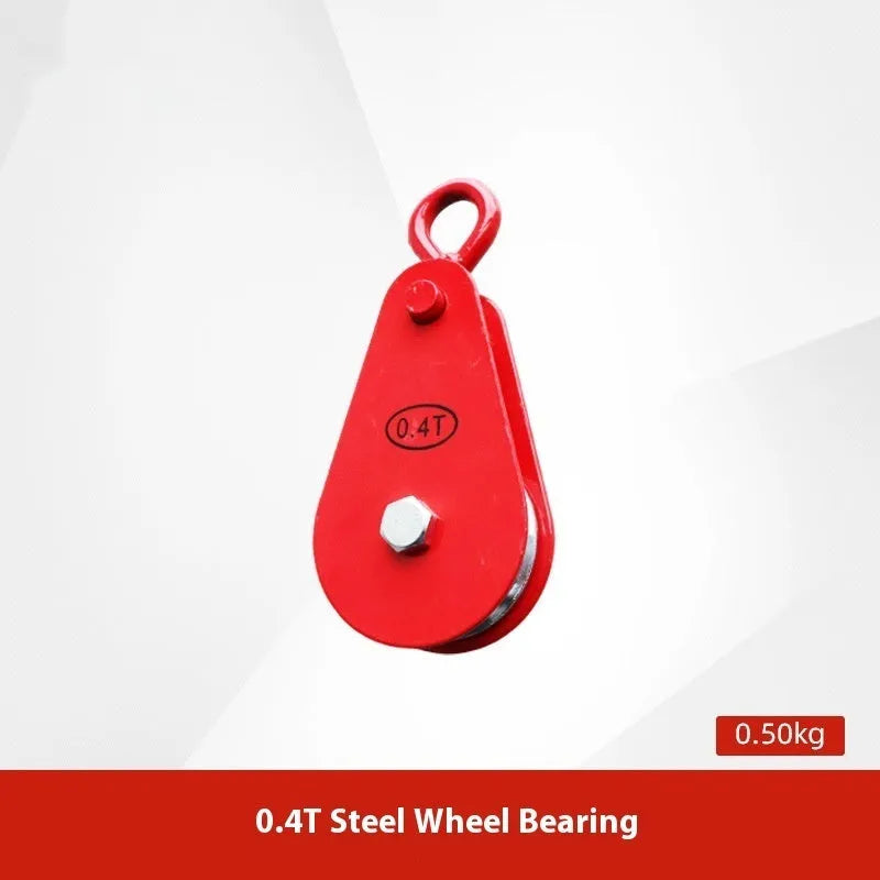 Red forged steel industrial lifting pulley with a safety latch on the hook