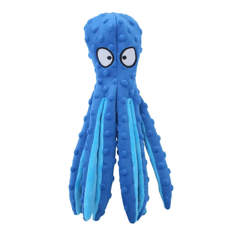 Blue octopus-shaped dog toy with tentacles, no stuffing, suitable for chewing and interactive play