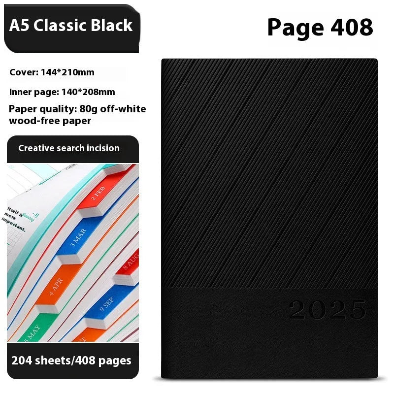 A5 business notepad with striped PU leather cover open on 80g wood-free paper, showing one of eight colour options.