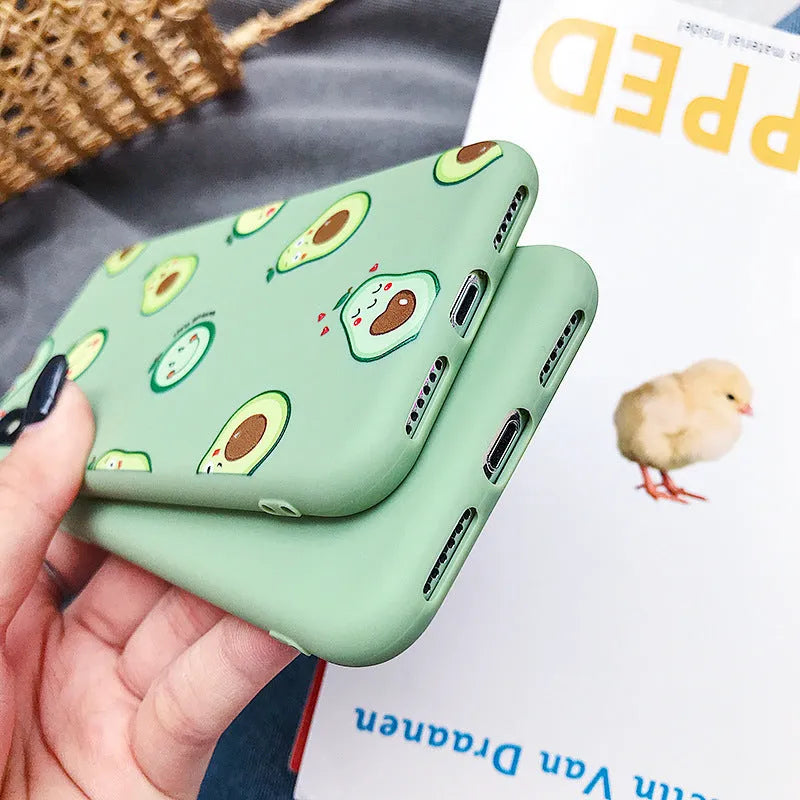 Cartoon avocado design on a green TPU back cover case for an iPhone.