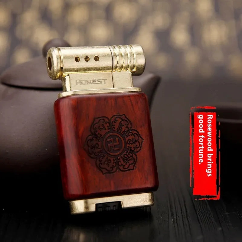 Gas lighter with wooden decorative surfaces including Black Wood and Rosewood designs