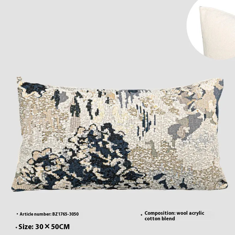 Antique blue square decorative cushion with abstract Chinese style floral pattern and wool blend fabric.