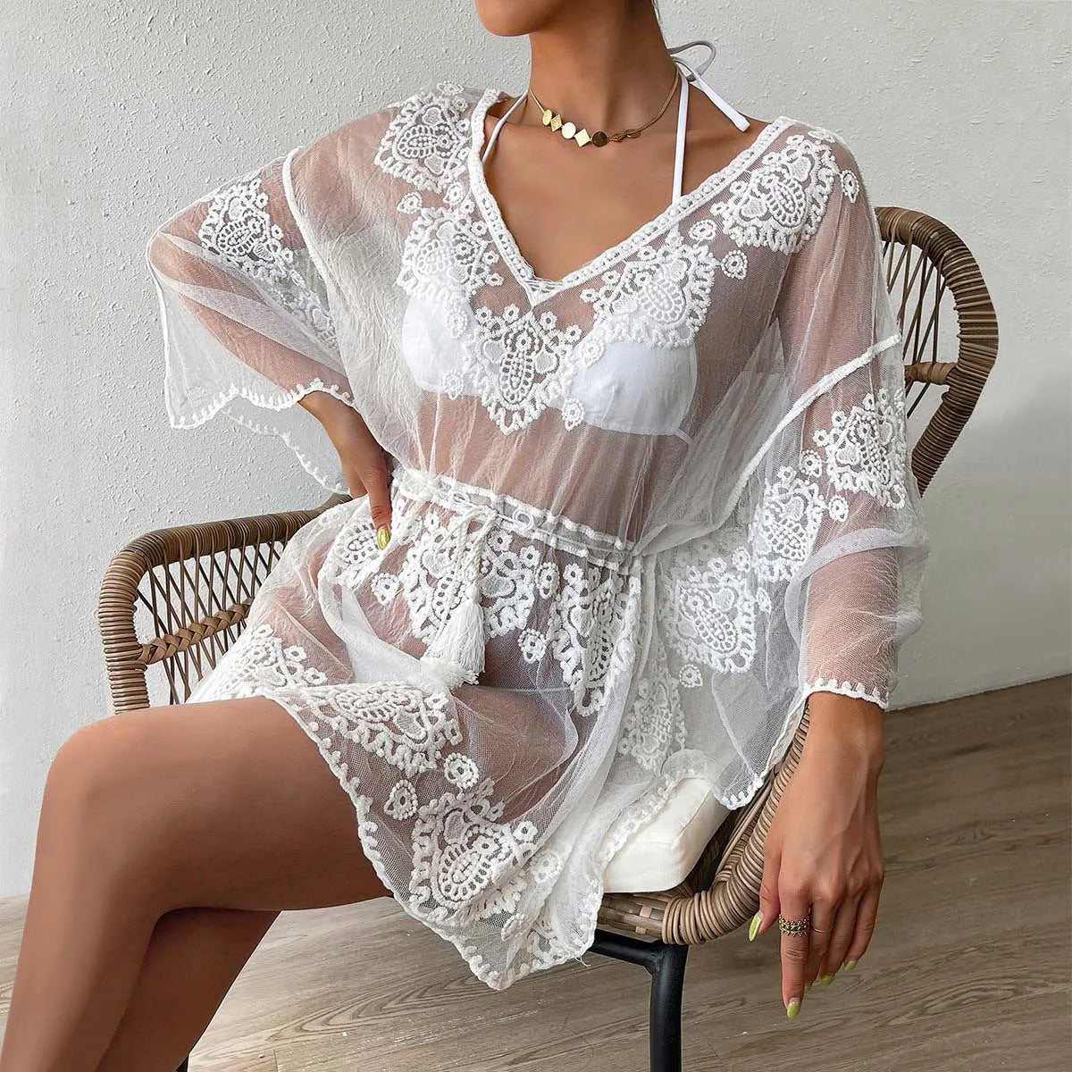 White water soluble beach blouse for women with free size design