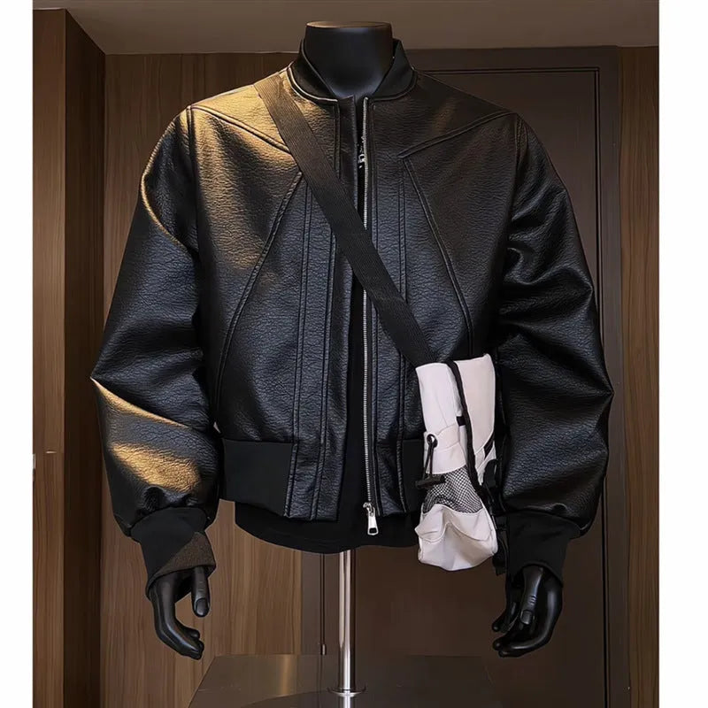 Men's extended 100cm black PU leather jacket with litchi grain texture in tight-fit design