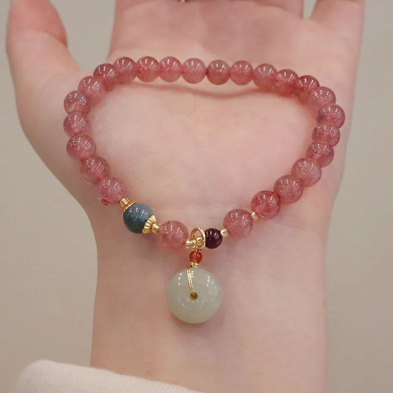 Strawberry quartz women's bracelet with geometric design, peace buckle charm and safety buckle closure