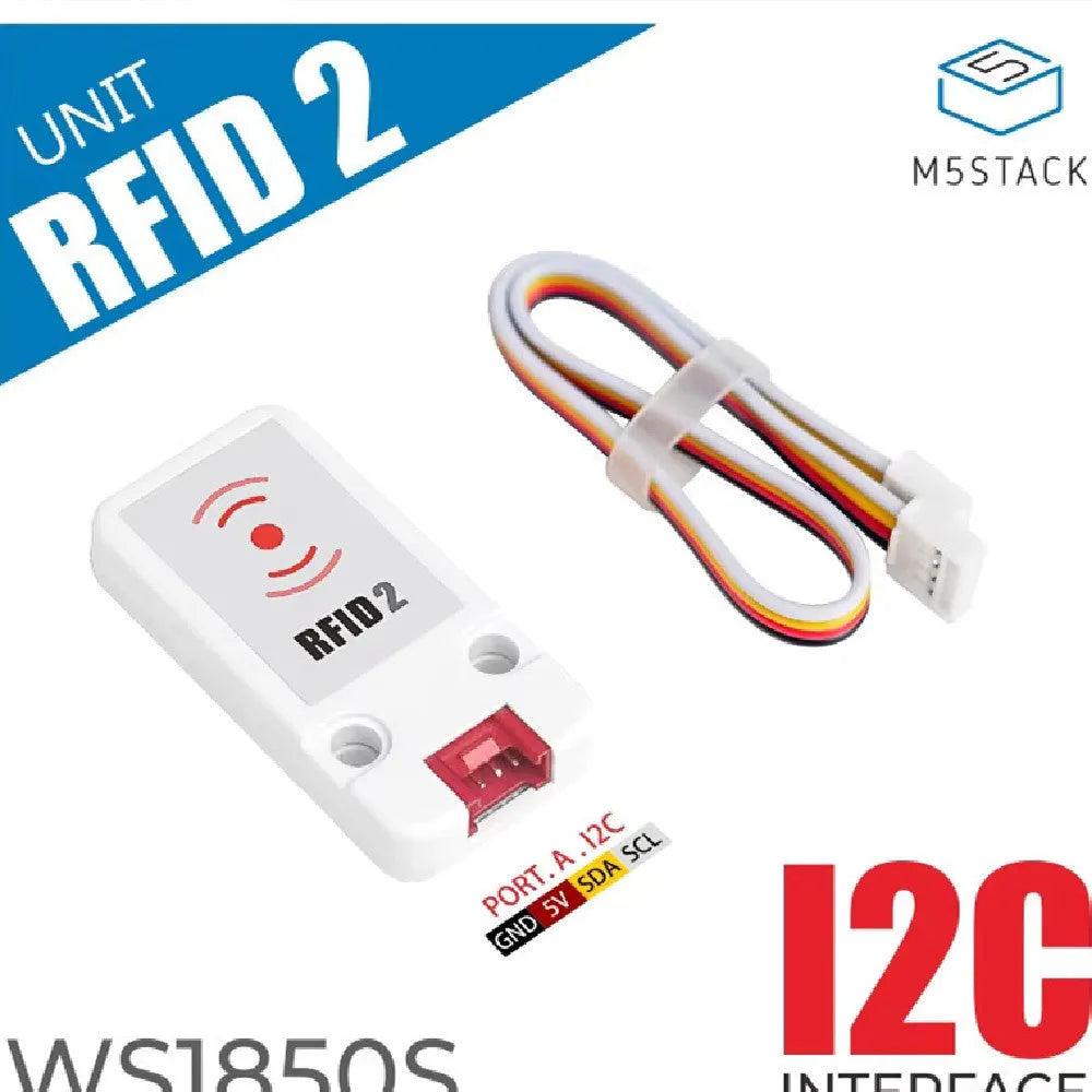 M5Stack WS1850S RFID sensor module on a white background, showing 7cm by 2cm size and HY2.0 connector.