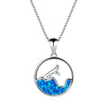 Geometric round fishtail pendant necklace with a blue opal stone on a chain, showing white gold electroplated finish.