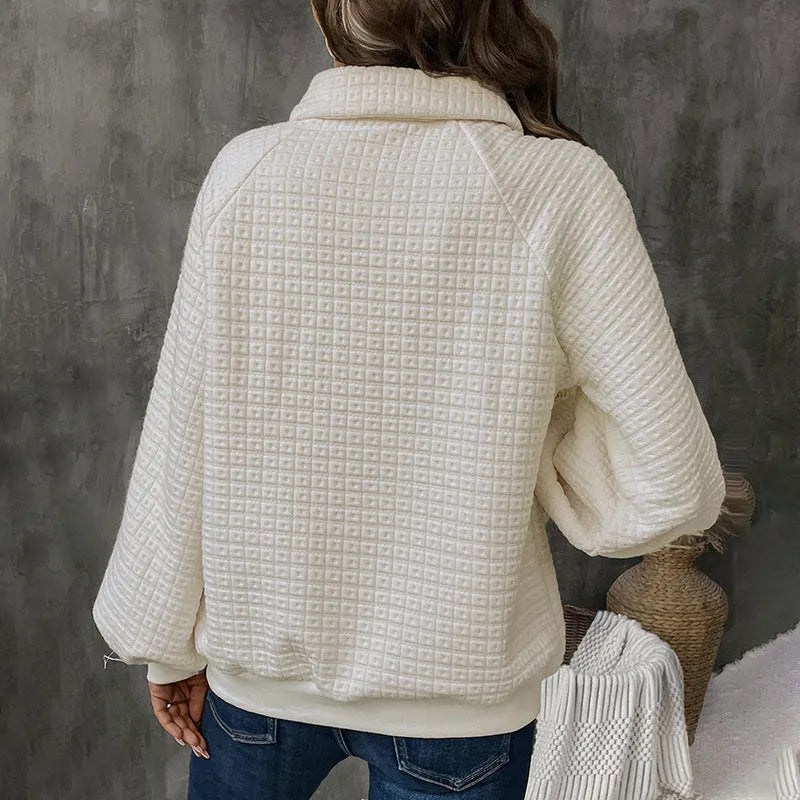 Women's polo collar sweater in milky white thickened polyester knit