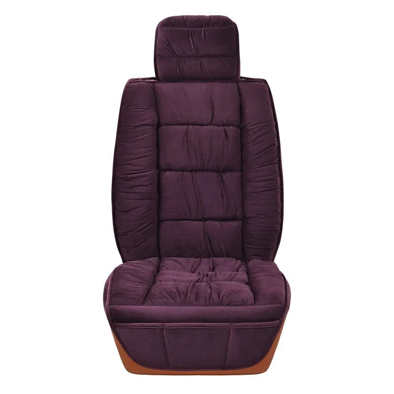 Winter short plush car seat cushion set in grey, showing wool cotton filler and polyester cover.