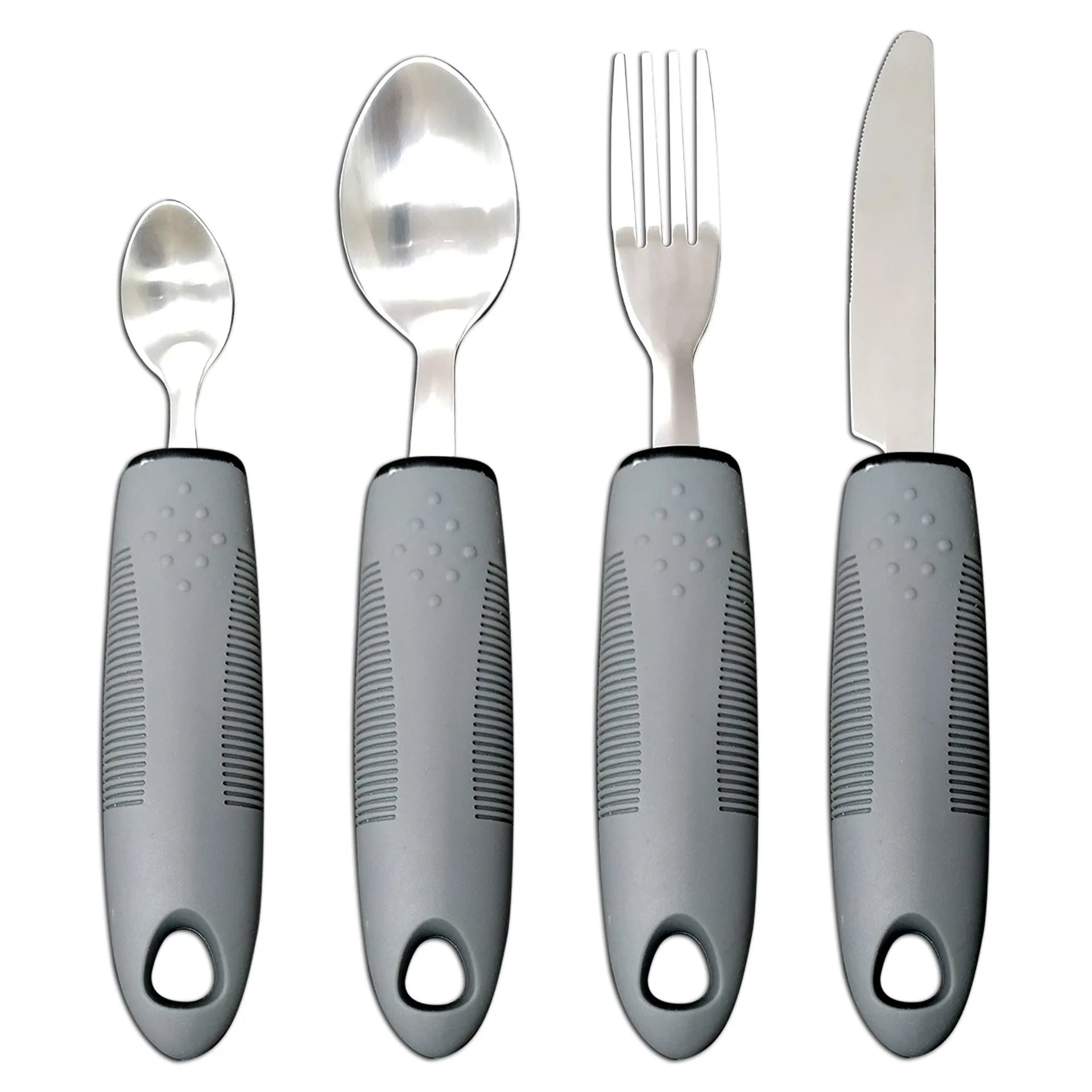 Adaptive cutlery set with stainless steel utensils and rubber grip handles for hand tremor assistance