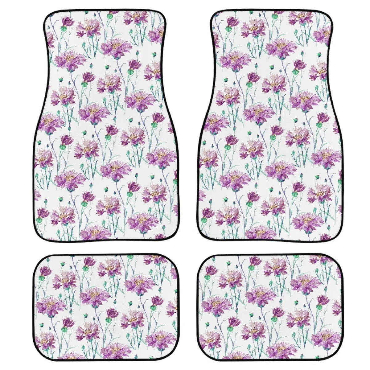 Black printed rubber car foot mat set showing 20mm thickness and waterproof texture for universal vehicle fit