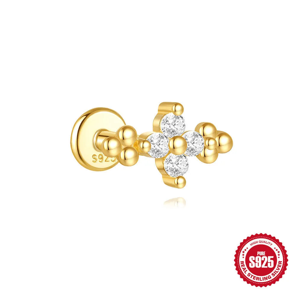 S925 sterling silver geometric moon and star earrings with cubic zirconia stones in a gold tone finish.