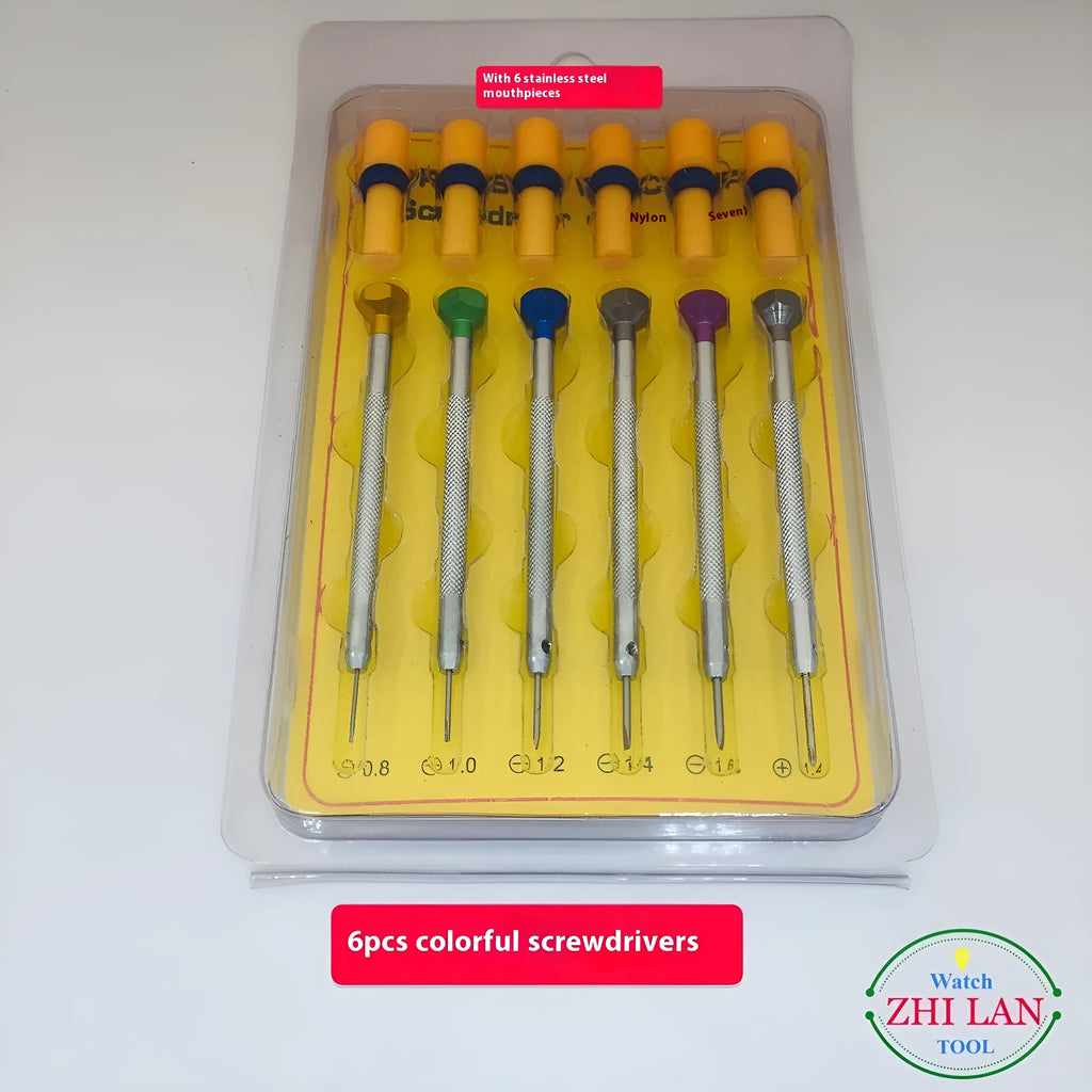 Six piece watch repair screwdriver set with copper handles and colour coded aluminium accents for children's watch maintenance