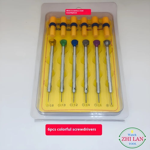 Six piece watch repair screwdriver set with copper handles and colour coded aluminium accents for children's watch maintenance