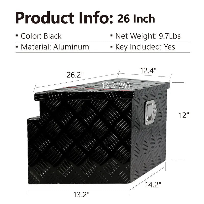 26-inch black aluminium alloy toolbox with heavy-duty T-casting construction and reinforced corners
