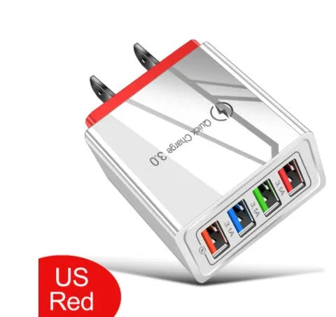 Luminous 4-port USB mobile phone charger in selected colour with indicator light, showing EU or US plug type.