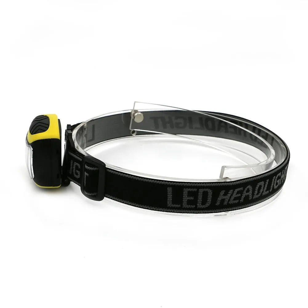 Yellow plastic headlamp with adjustable strap and COB light lens for outdoor use.