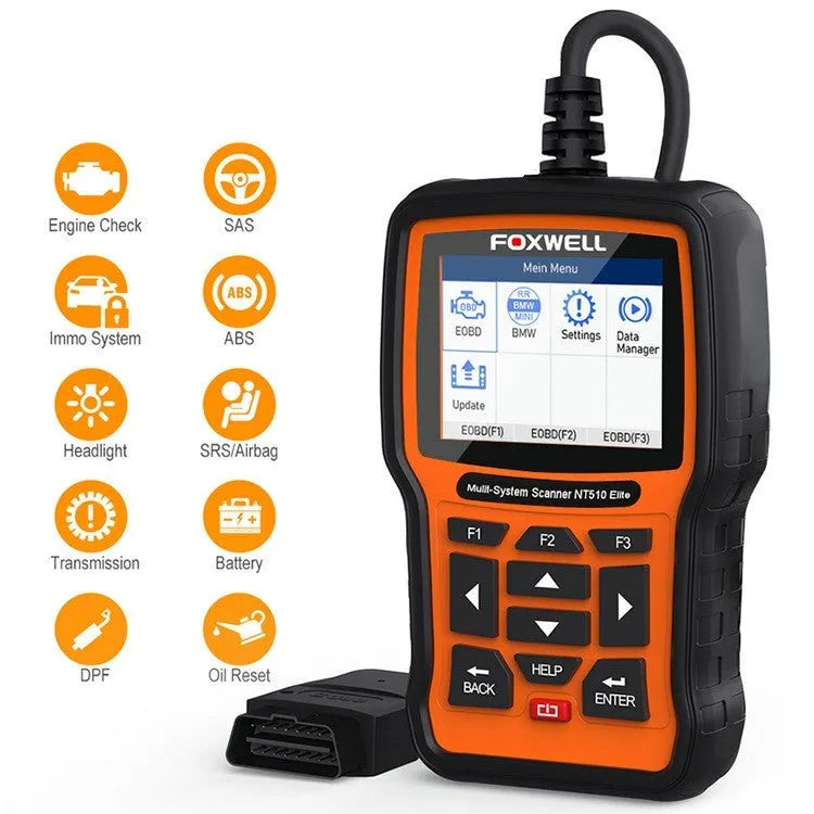 Foxwell NT510 orange and black automotive diagnostic tool with large colour screen and data cable