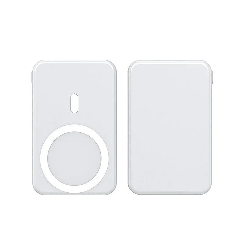 Magnetic wireless charging power bank with folding stand in pearl white colour.