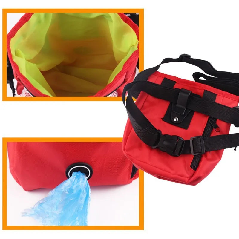 Dog treat pouch in red Oxford cloth with drawstring closure and detachable belt buckle, 18x14x6cm