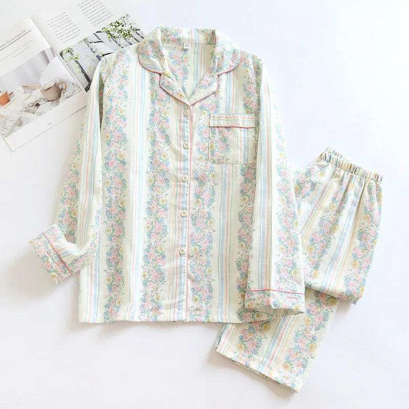 Ladies' cotton double-layer gauze homewear set with long sleeves and trousers in a striped or fruit print pattern.