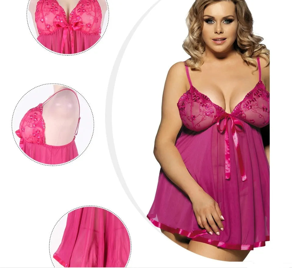 Women's purple seamless lace mesh sleepdress lingerie for plus sizes, shown on a hanger.
