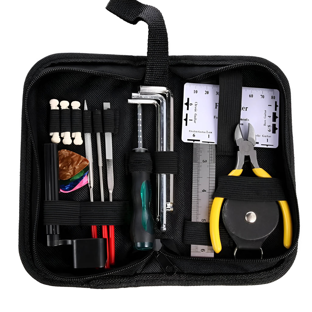 Black guitar repair tool kit open to show plastic and metal maintenance tools for guitar, bass, mandolin, banjo.
