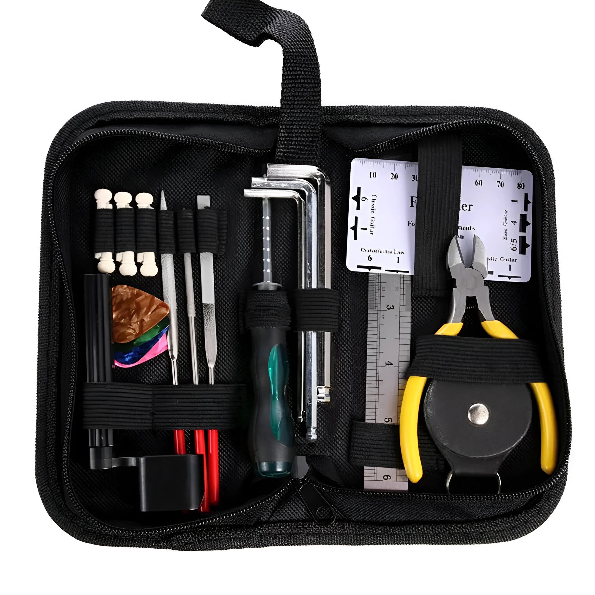 Black guitar repair tool kit open to show plastic and metal maintenance tools for guitar, bass, mandolin, banjo.