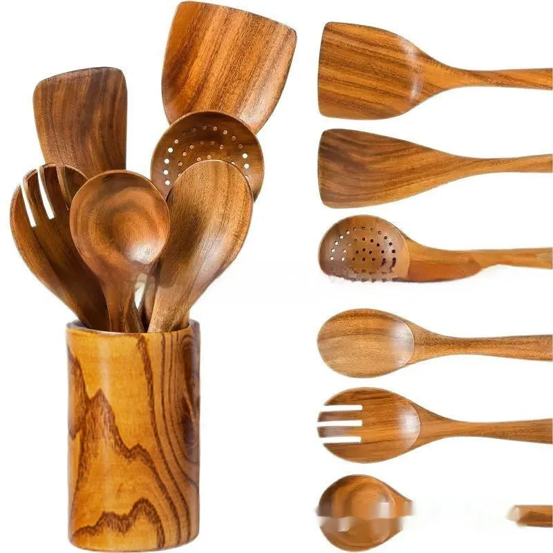 Seven-piece wooden kitchen utensils set with spoons and spatulas for cooking and serving