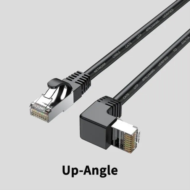 Cat6 Ethernet cable with angled RJ45 connectors in various colours and lengths on a grey background