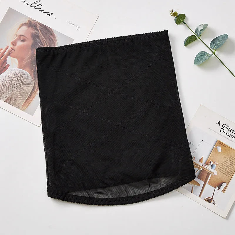 Black mesh postpartum belly band with a cross-waistband design for tummy slimming.
