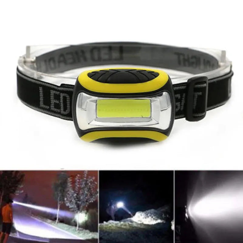 Yellow plastic headlamp with adjustable strap and COB light lens for outdoor use.