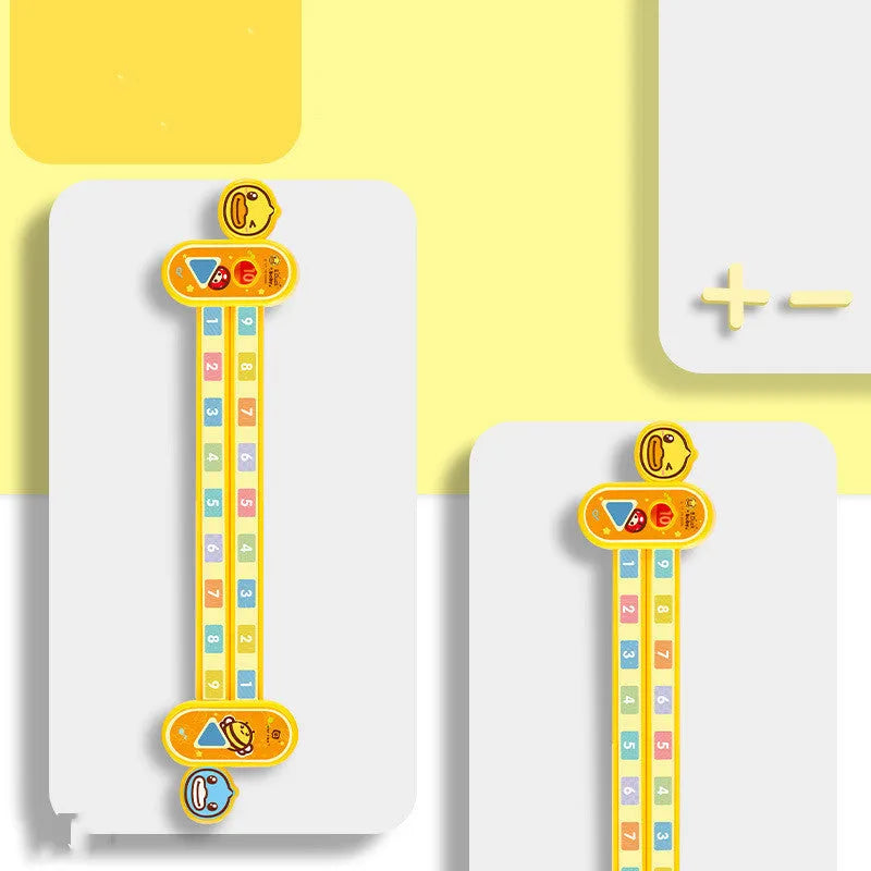 Yellow plastic children's digital resolution ruler with cartoon graphics, showing centimetre and millimetre scales.