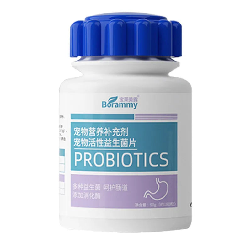 Bottle of 180 pet probiotic chewable tablets for cats and dogs.