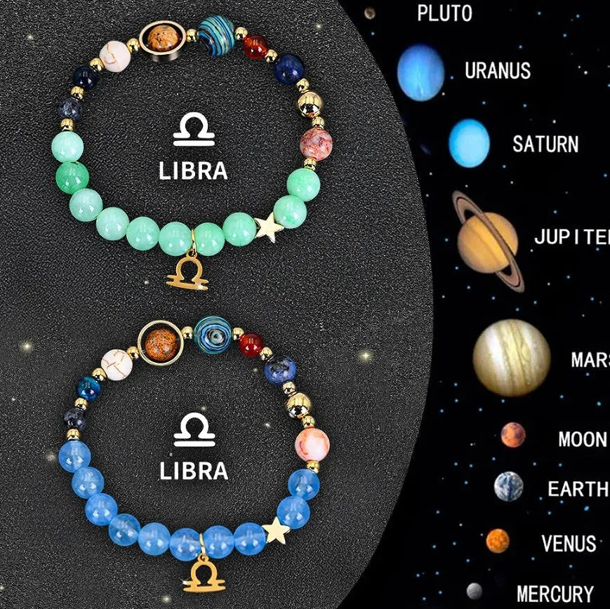 Two natural stone beaded bracelets with Chinese zodiac animal designs on elastic wristbands.