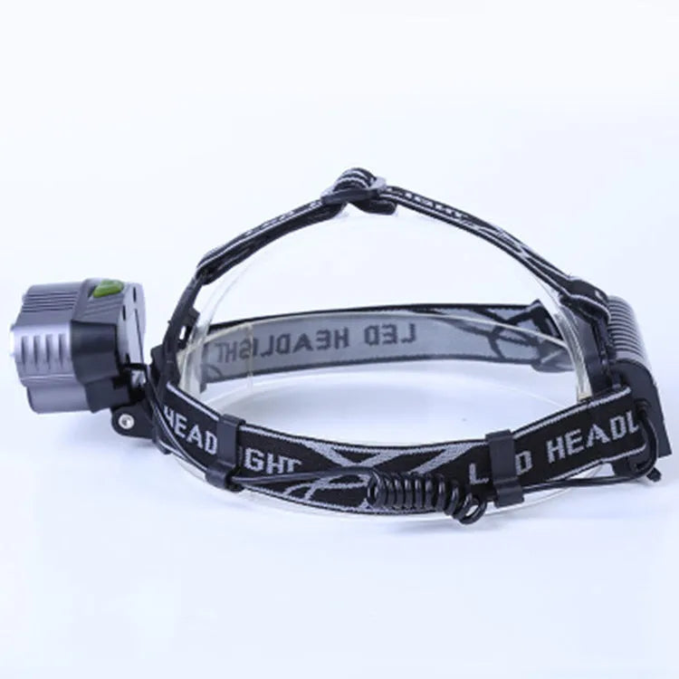 Head-mounted LED camping light with fixed focus beam for 300-500 metre outdoor illumination