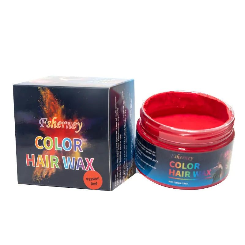120g jar of hair styling clay showing colour options: blue, green, orange, red, white, yellow, purple, rose, granny grey.