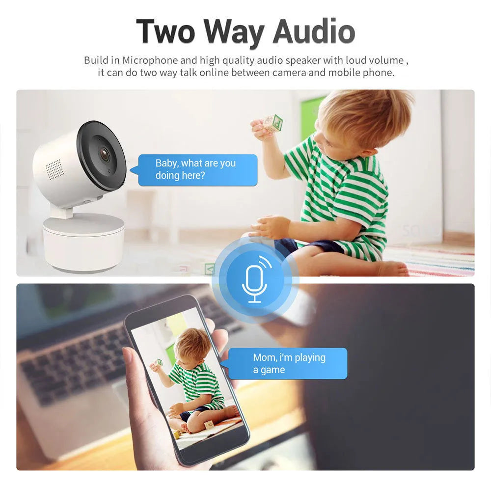 White indoor WiFi security camera with rotation capability and infrared sensors for night vision