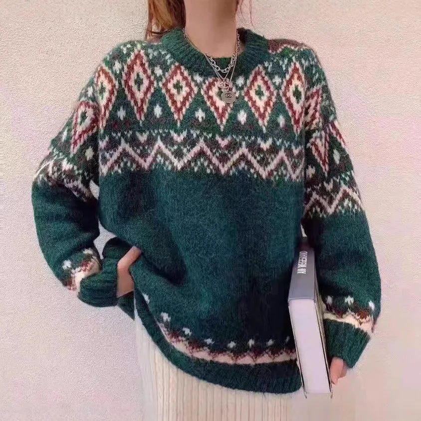 Red and white striped loose retro pullover knitted top with long sleeves
