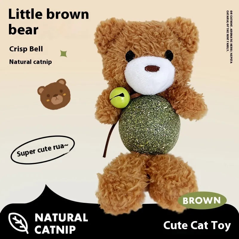 Brown bear plush cat toy with mint ball centre and bell for biting and play