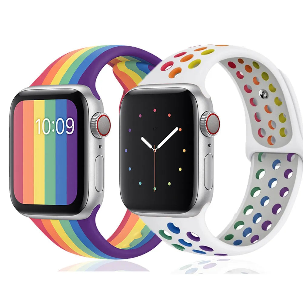 Silicone sports wristband with adjustable single buckle strap in black, rainbow or white colours