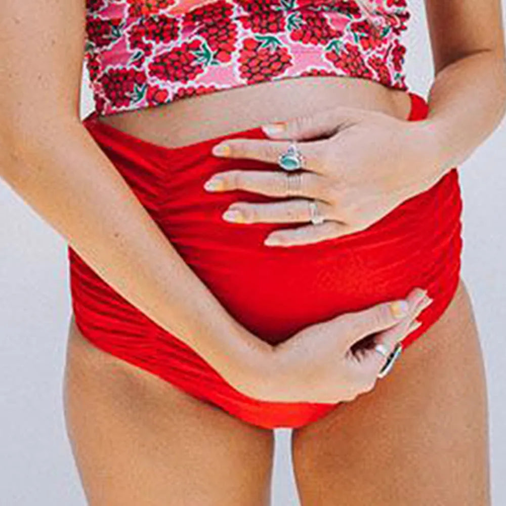 High waist maternity swimsuit with swim trunks in Red for pregnant women