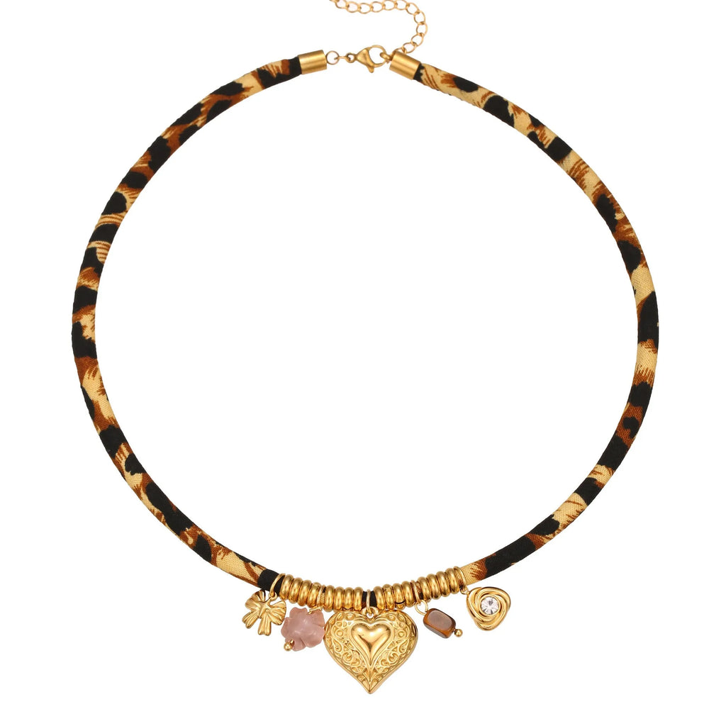 Leopard series stainless steel necklace with geometric pendant on regular chain, 18K electroplated finish