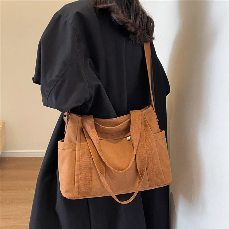 Large capacity shoulder canvas tote bag in solid colour with sandwich pocket and mobile phone compartment
