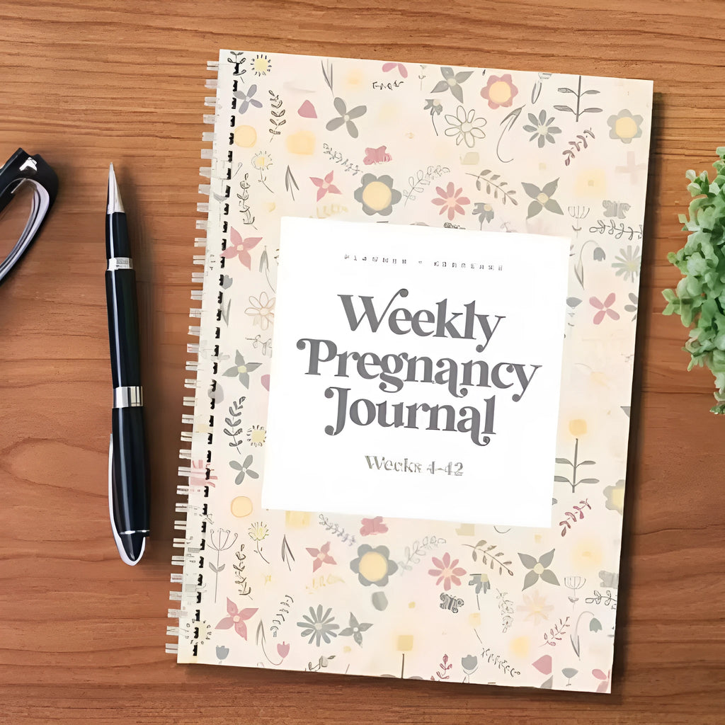 A5 Pregnancy Weekly diary notebook open showing weekly sections with 165x240mm dimensions