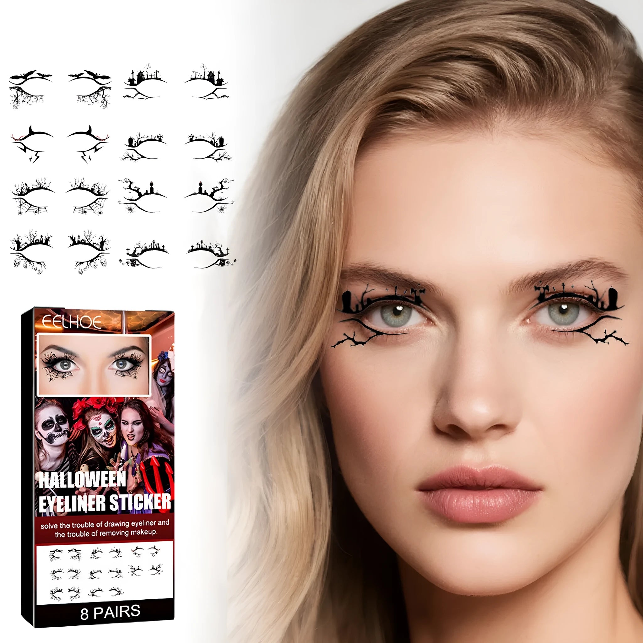 Pack of 8 pairs bat and spider decorative eyeliner stickers for Halloween eye makeup